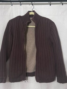 Women's Chocolate Brown Ribbed Zip-Up Sweater Cardigan with Sherpa Lining